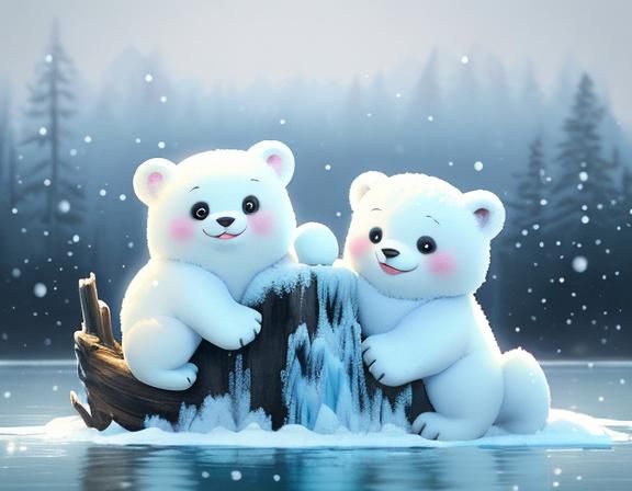 Playful Baby Polar Bear on Ice, Watercolor Style