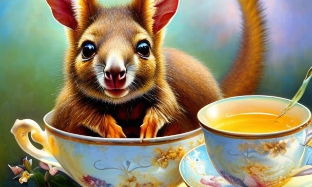Adorable Wallaby in Teacup: Hyperrealistic Digital Art
