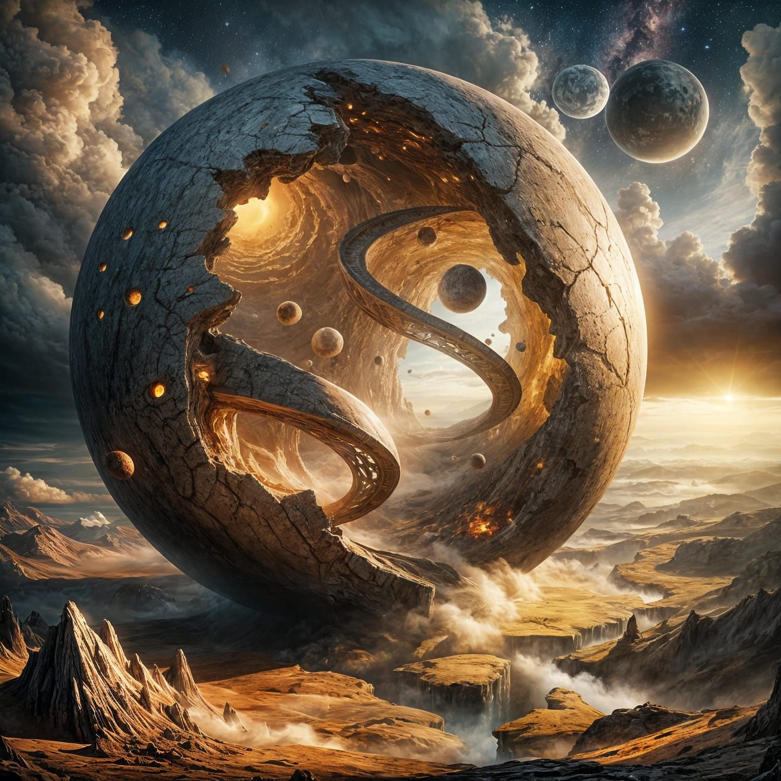 Surreal Stone Sphere Unveiling a Primeval World