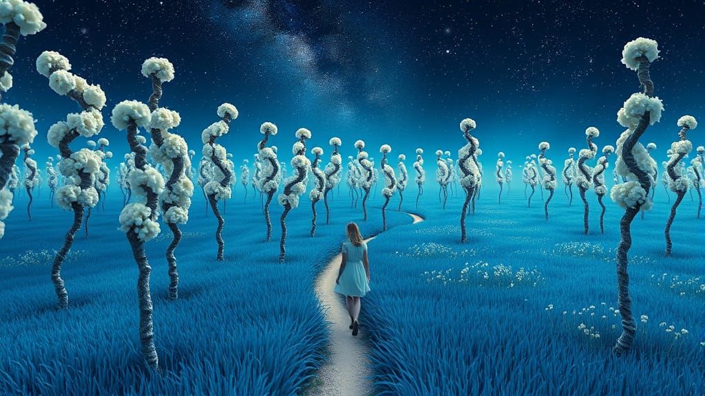 Ethereal Landscape with Spiral Trees and Starry Sky