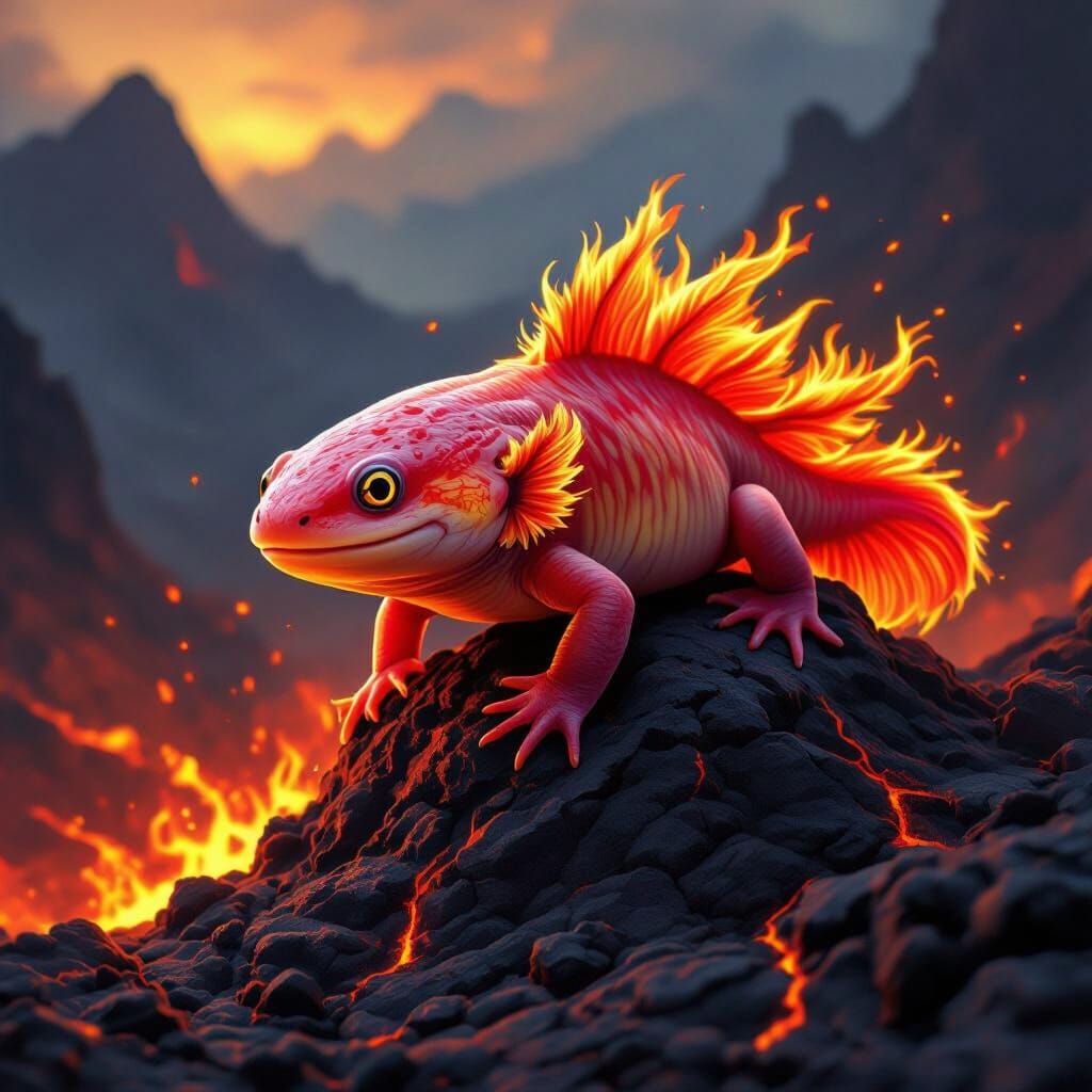 Fiery Red Axolotl on Volcano Edge in Digital Painting Style