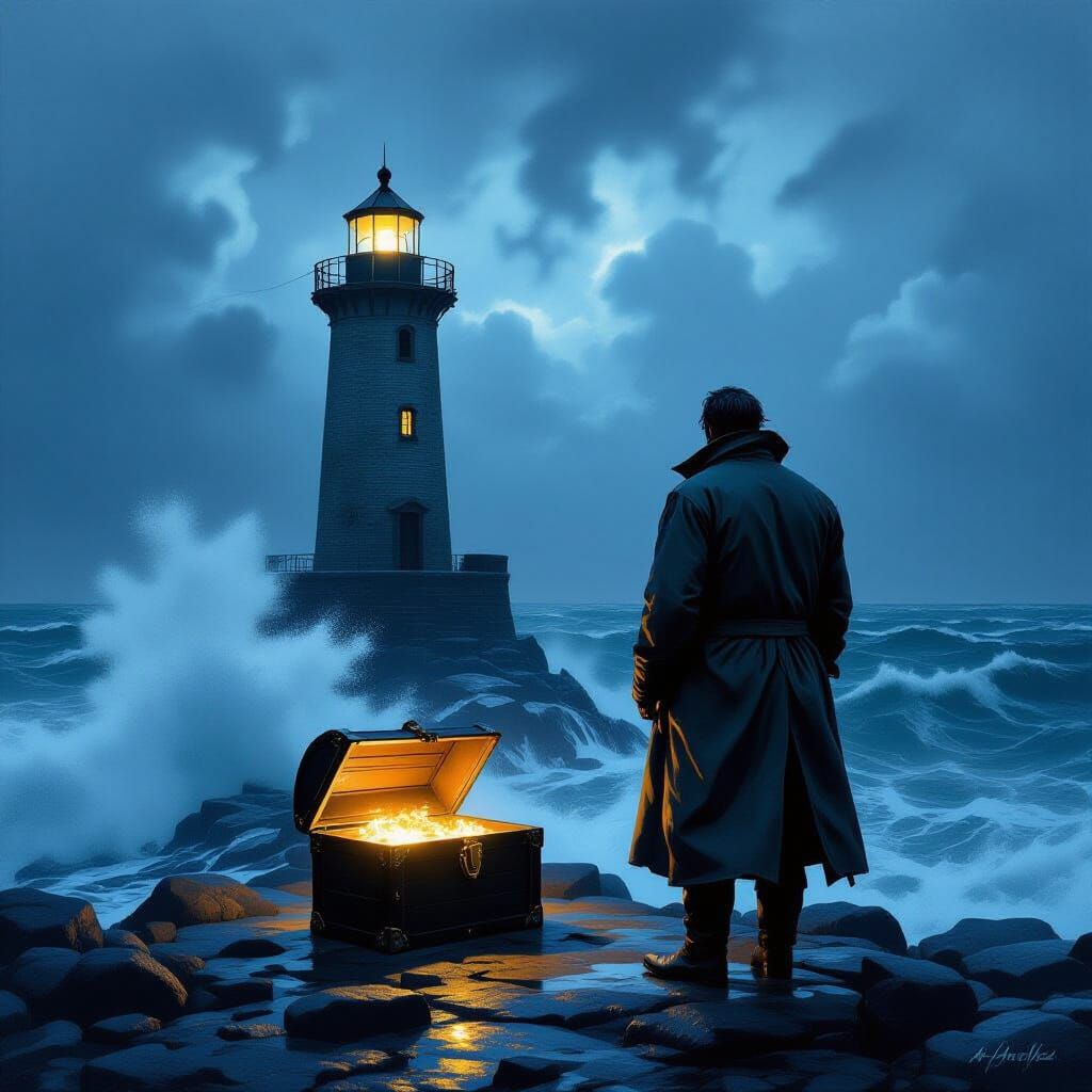 Lighthouse Keeper's Twilight Discovery in Aivazovsky Style