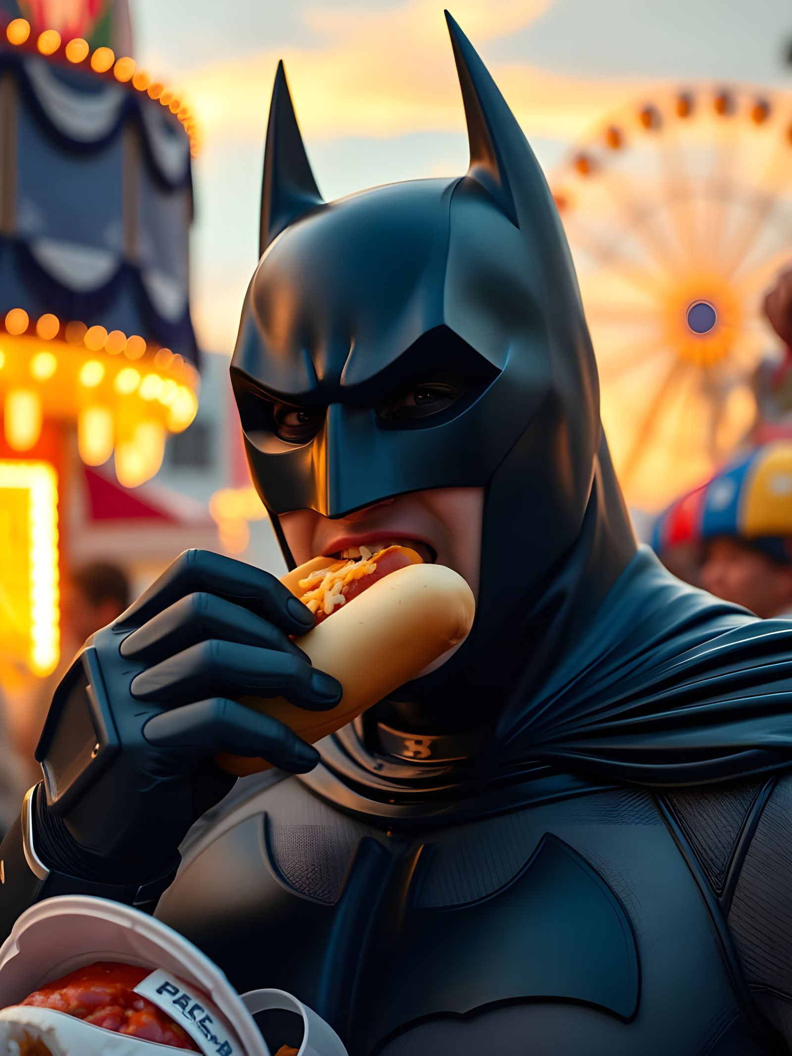 Batman Enjoys a Hotdog at a Vibrant Carnival Sunrise