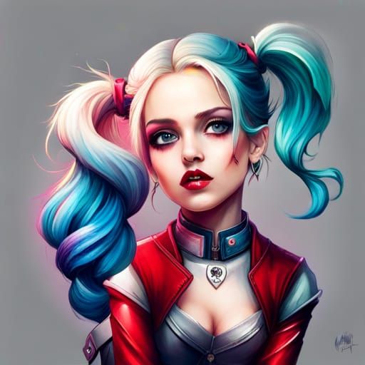 Chibi Harley Quinn Splash Art in Oil Gouache
