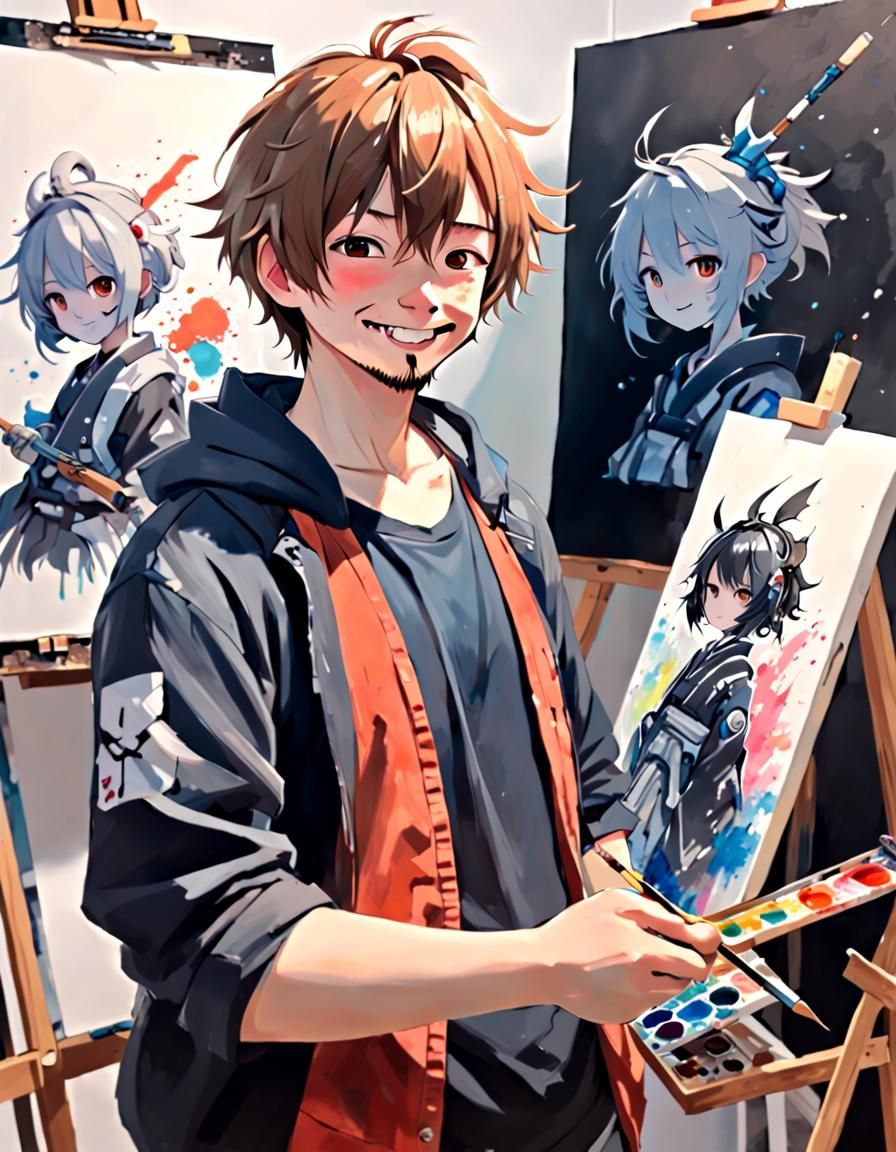 Happy Painter Portrait in Anime Style