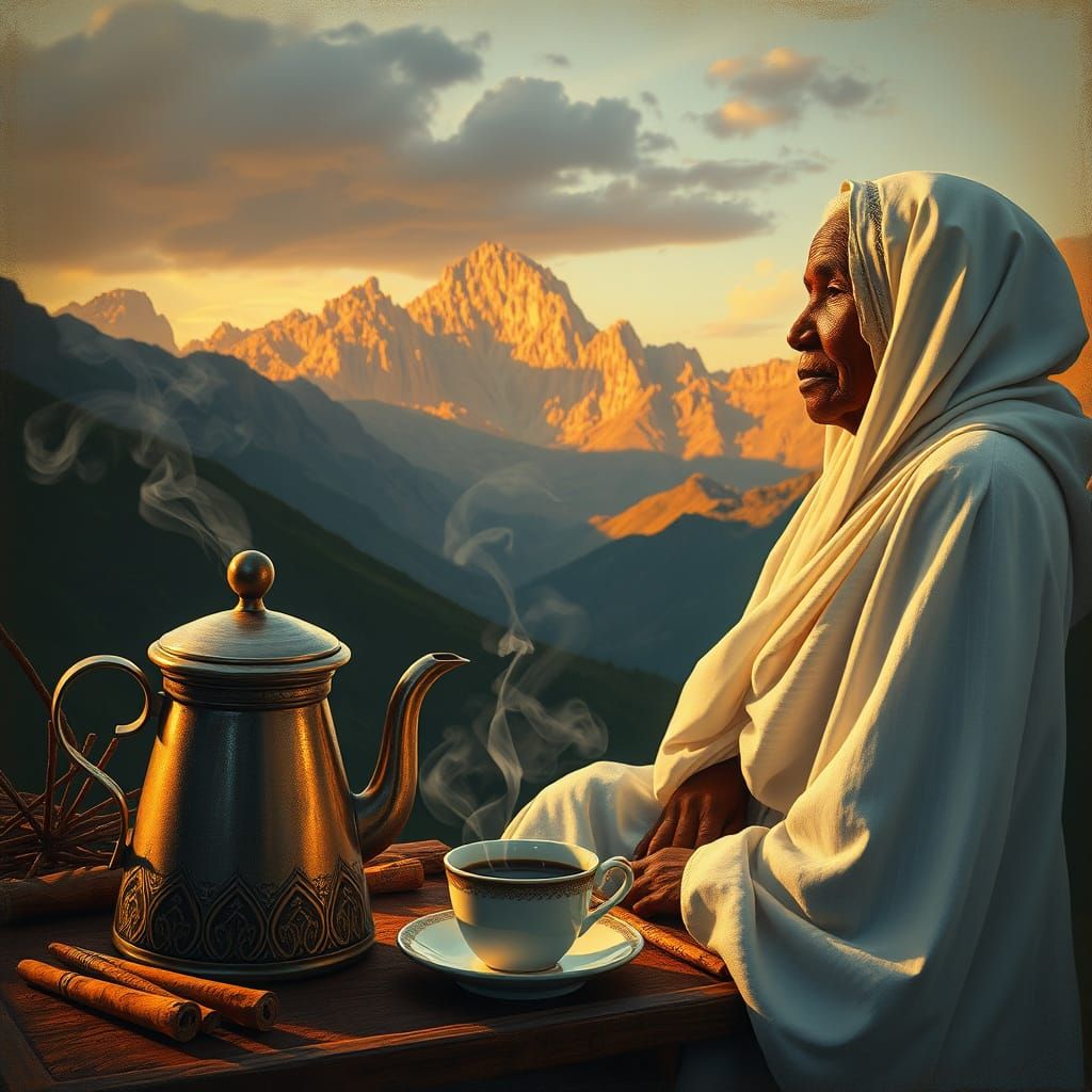 Ethiopian Shaman Woman Gazes at Semien Mountains