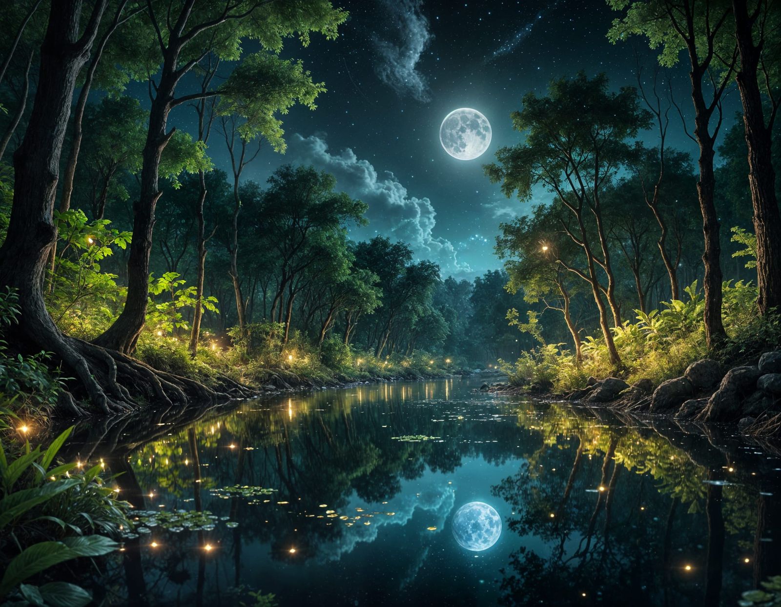 Moonlit River Magic Under Enchanted Forest Canopy