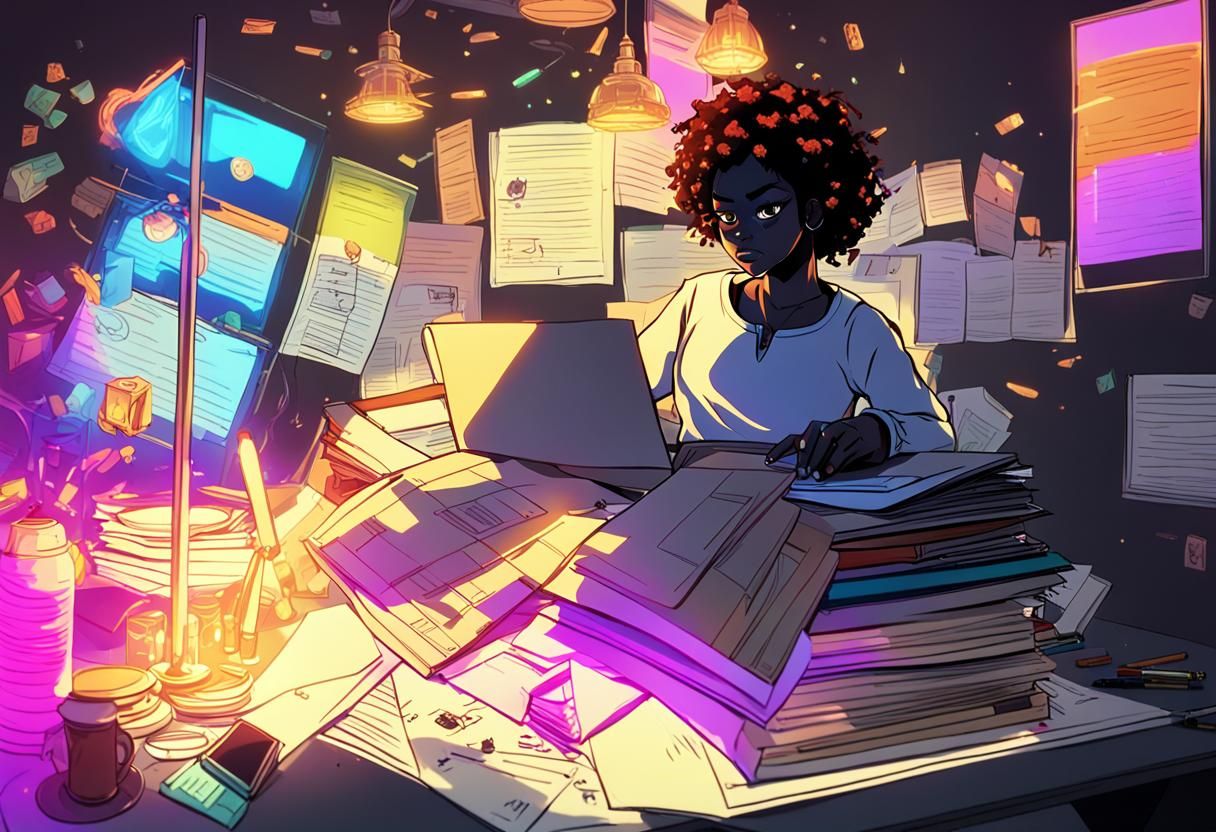 Sarcastic Black Woman Works Tirelessly in Vibrant Anime Styl...