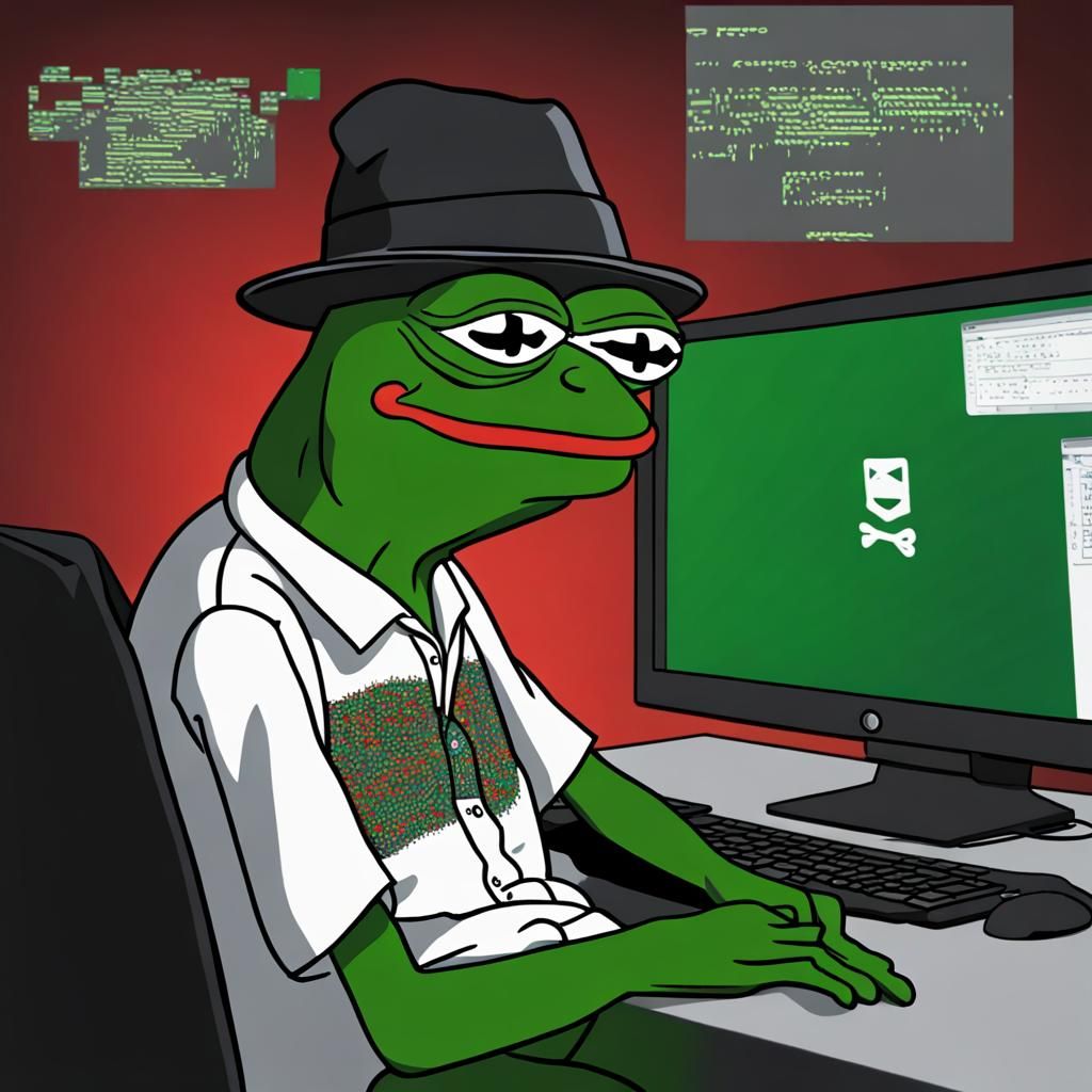 Make a meme of Pepe the frog sitting infront of a computer, ...