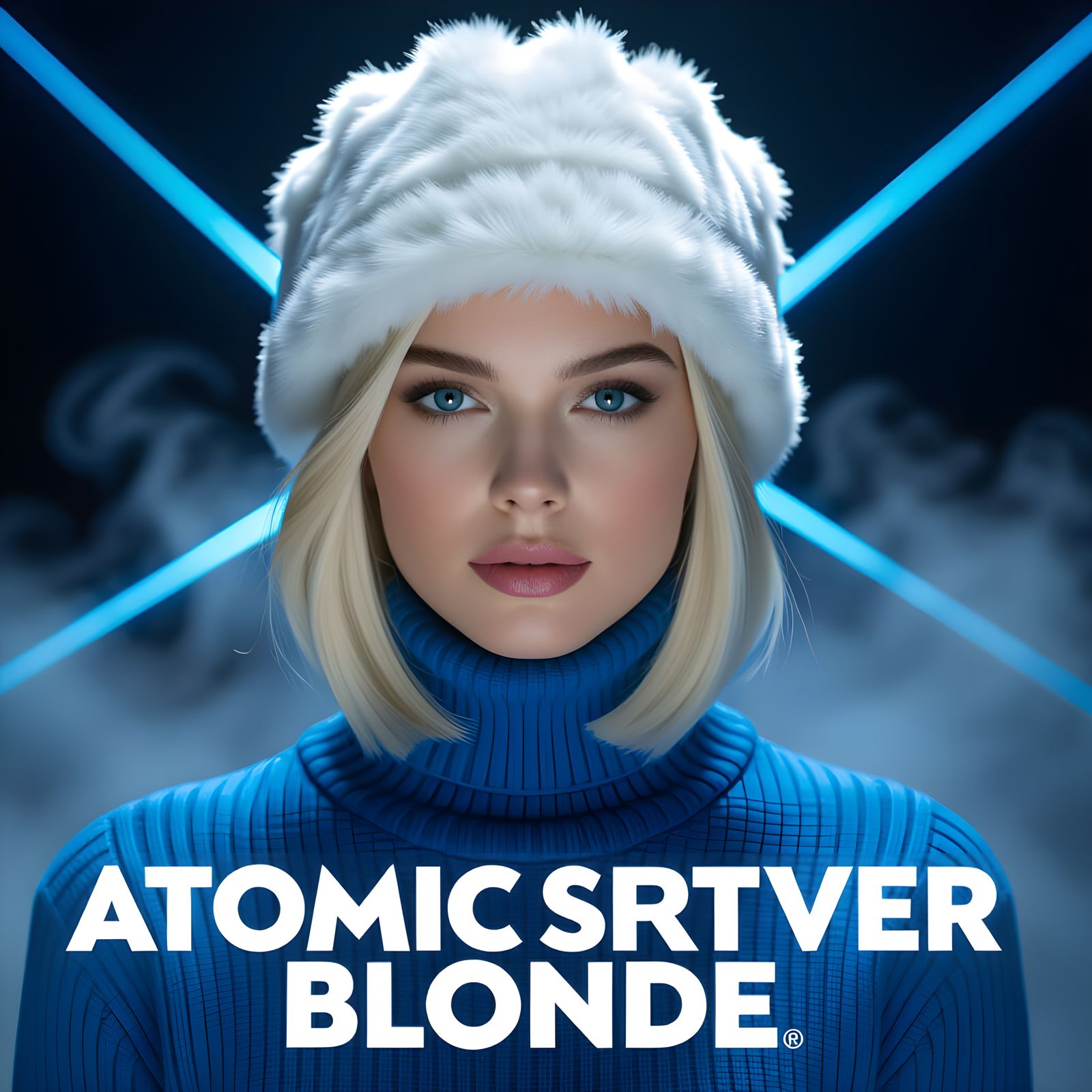 Hyperrealistic Woman with Blue Lasers in Fog