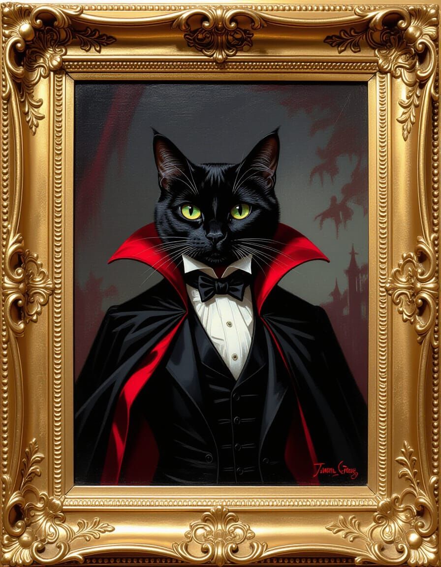 Framed portrait, a cat dressed as Count Dracula, nineteenth ...