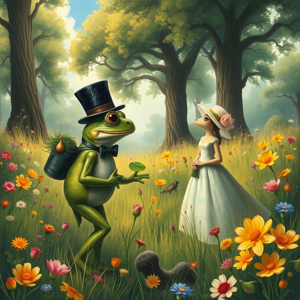 Frog Courtship in Surrealist Children's Illustration Style