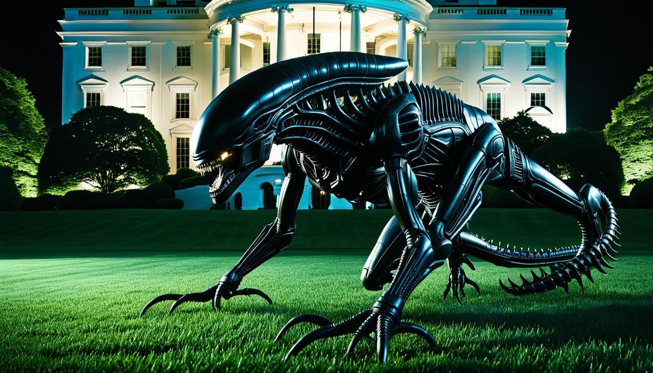Alien Xenomorphs Emerge at White House: Hyperrealistic 3D Re...