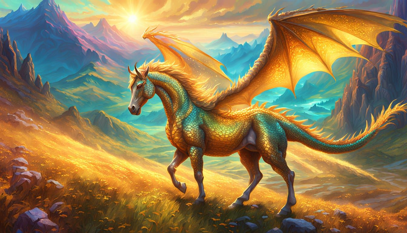 Horse Dragon Grazing: Vibrant Oil Painting