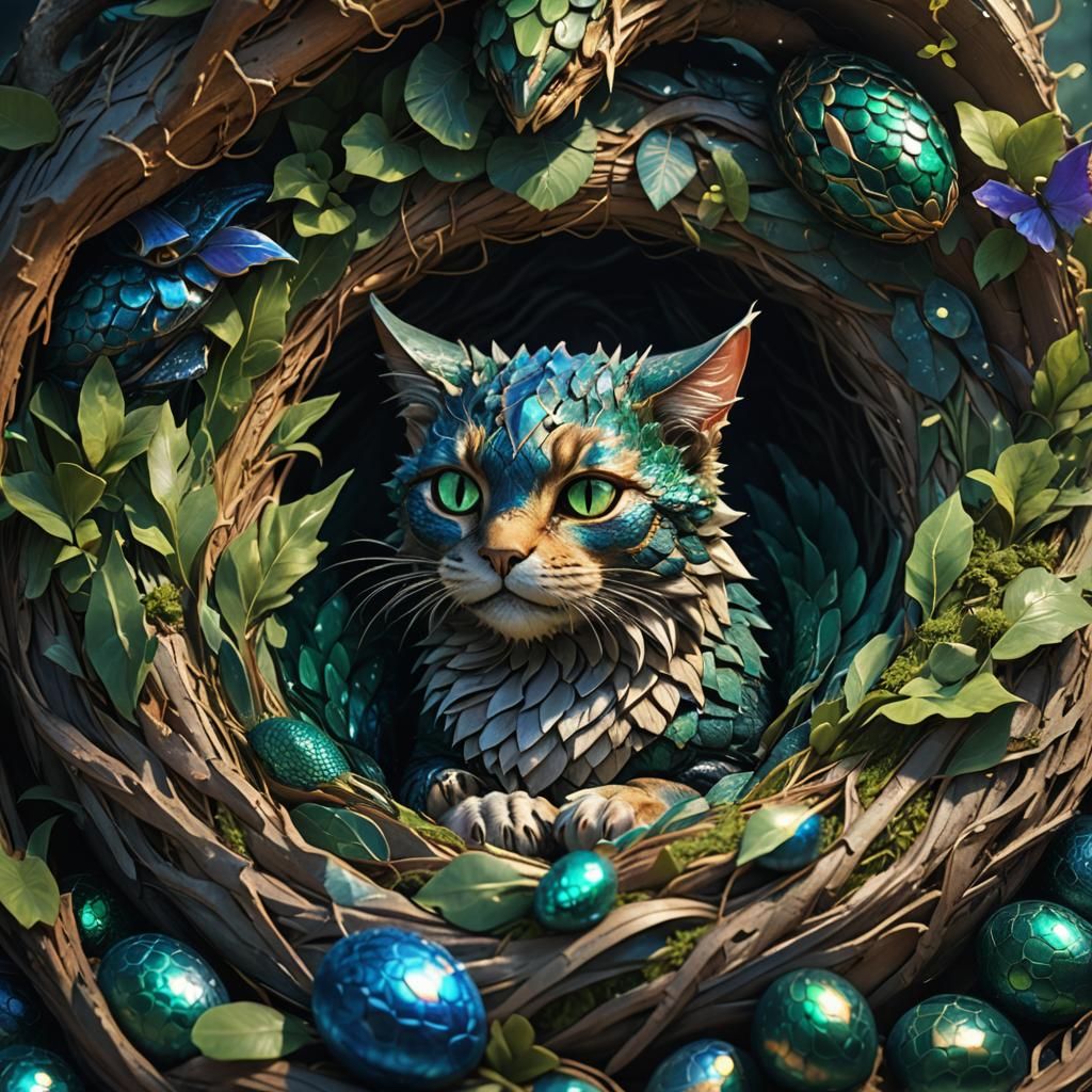 Cat Dragon in Nest: Fantasy Concept Art