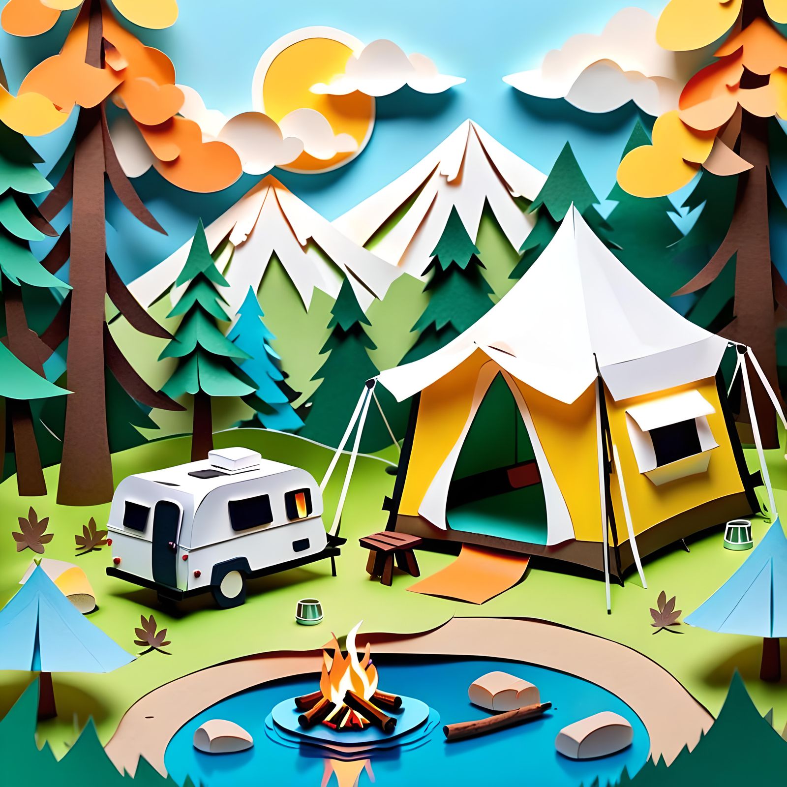 Perfect Campsite Scene in Paper Art Style