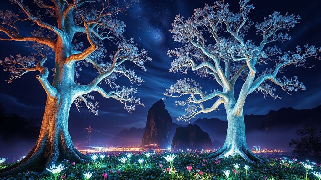Dreamlike Scene of Glowing Trees on a Floating Island at Nig...