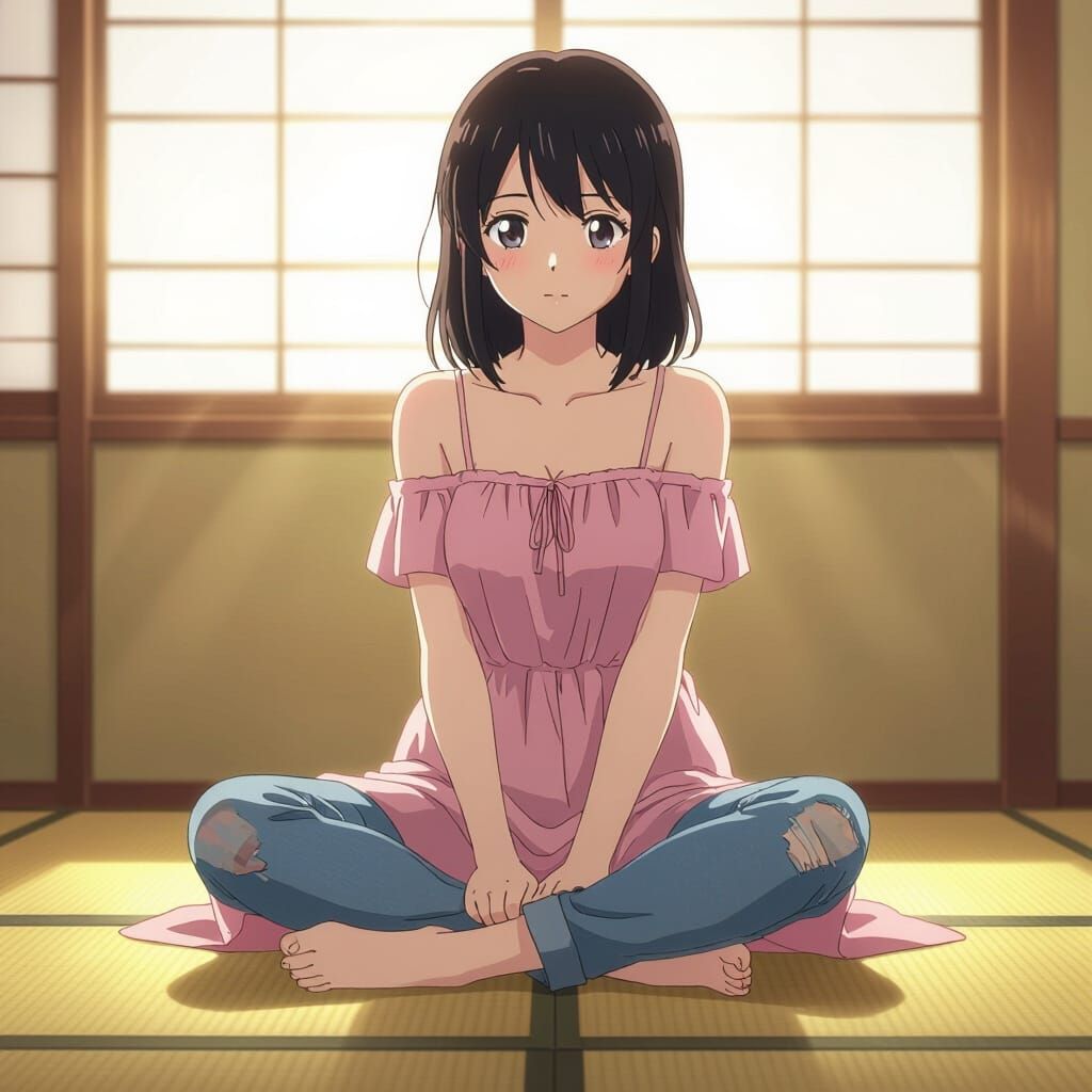 Anime Girl Barefoot on Tatami Floor in Shinkai Style