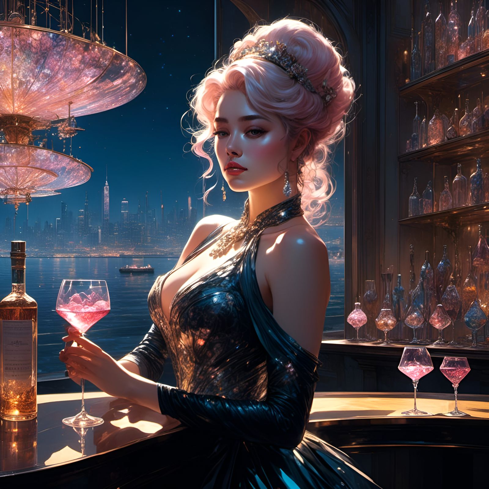 Lonely Cyberpunk Bartender in Broken Glass Style