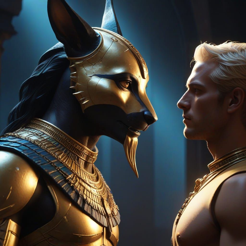 Dark Fantasy Anubis Dominates a Radiant, Golden-Lit Scene