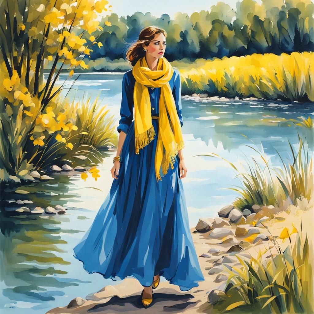 Woman at Riverbank in Style of Early 20th-Century Art
