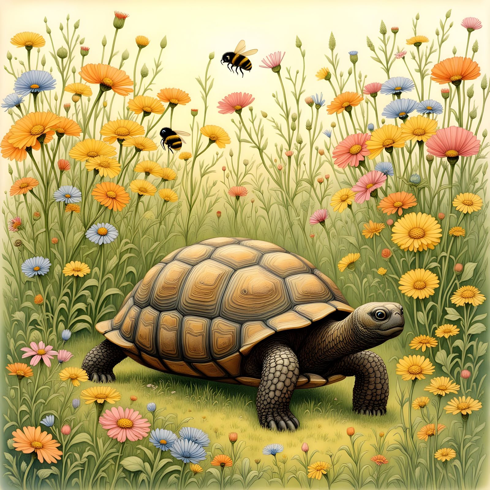 Tortoise Among Flowers and Bees