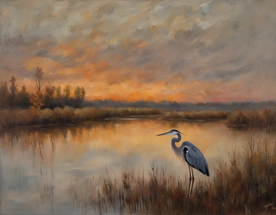 Heron in Lake: Impressionist Autumn Twilight