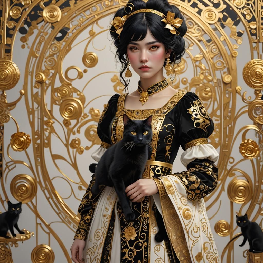 Girl and Cat in Art Nouveau Style