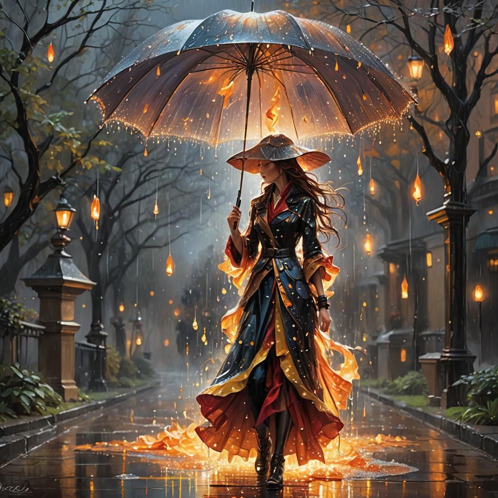 Enchanted Flame Figure with Diamond Rain Umbrella