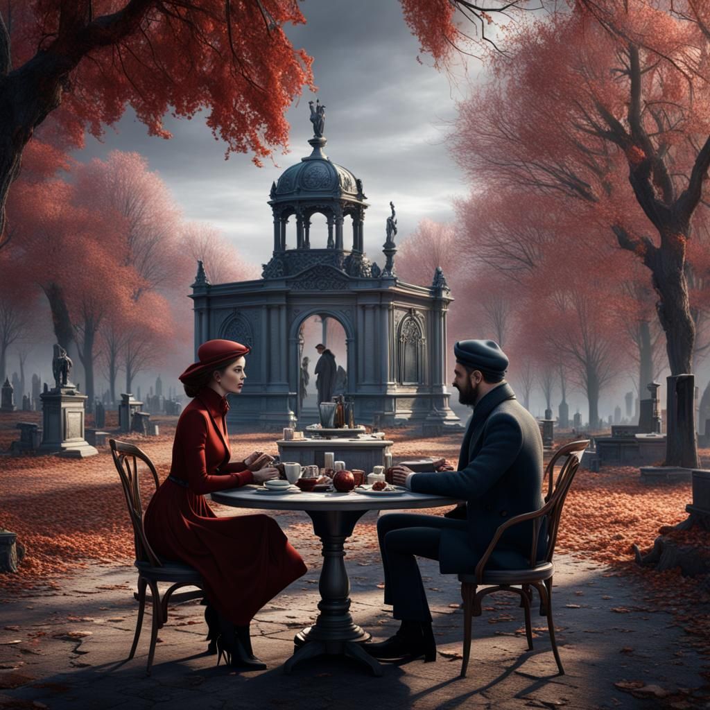 French Cafe Scene with Cemetery in Matte Painting Style