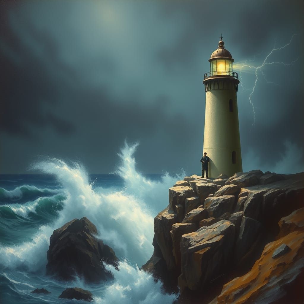 Lighthouse in Stormy Seas as Dramatic Painting
