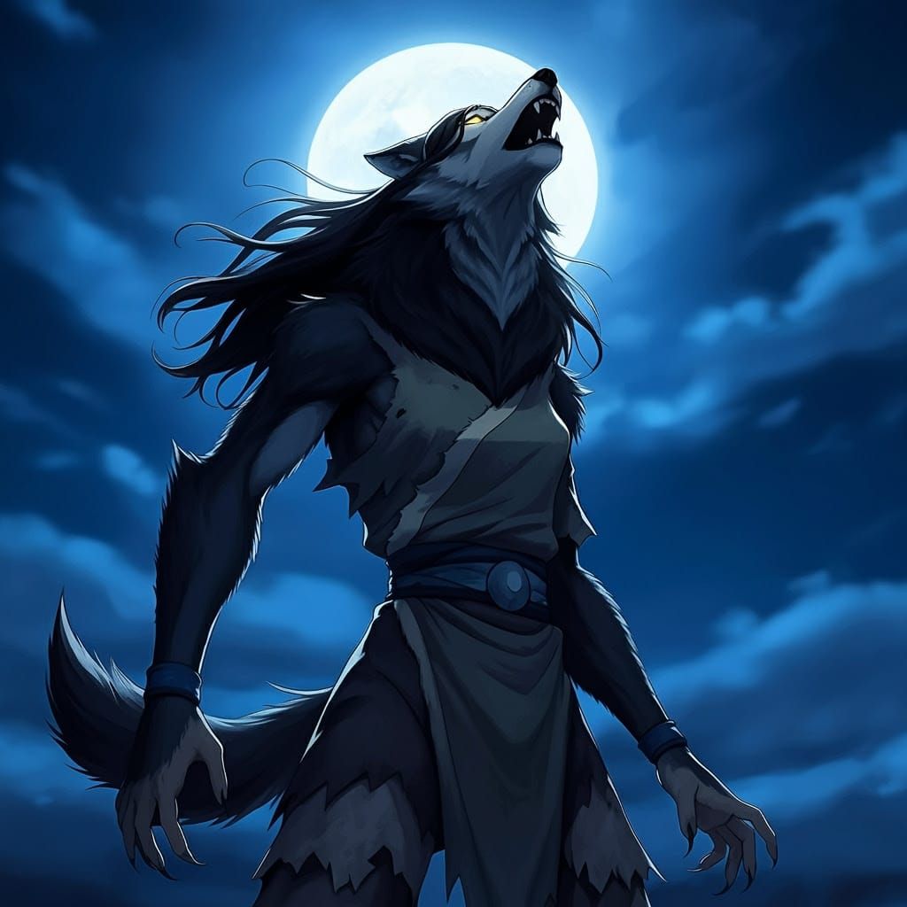 Katara from Avatar the Last Airbender transforming into a werewolf. She is howling at the full moon.