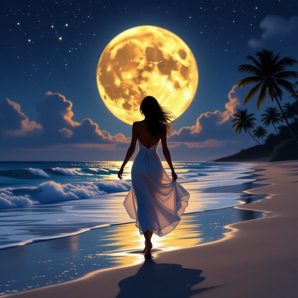 Elegant Night Beach Scene with Dancing Woman in Digital Art