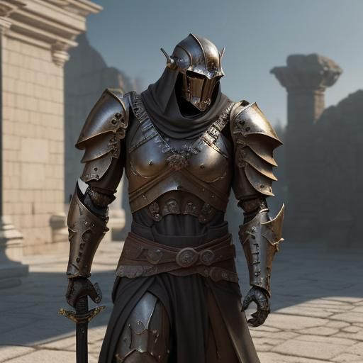 Warforged Paladin Swings Sword in Ruins: 3D Digital Art