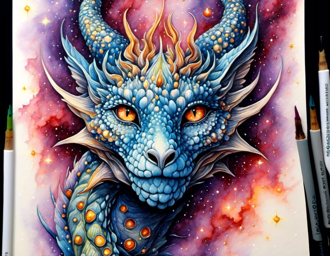 Nebula Dragoness Portrait in Watercolor Ink Style