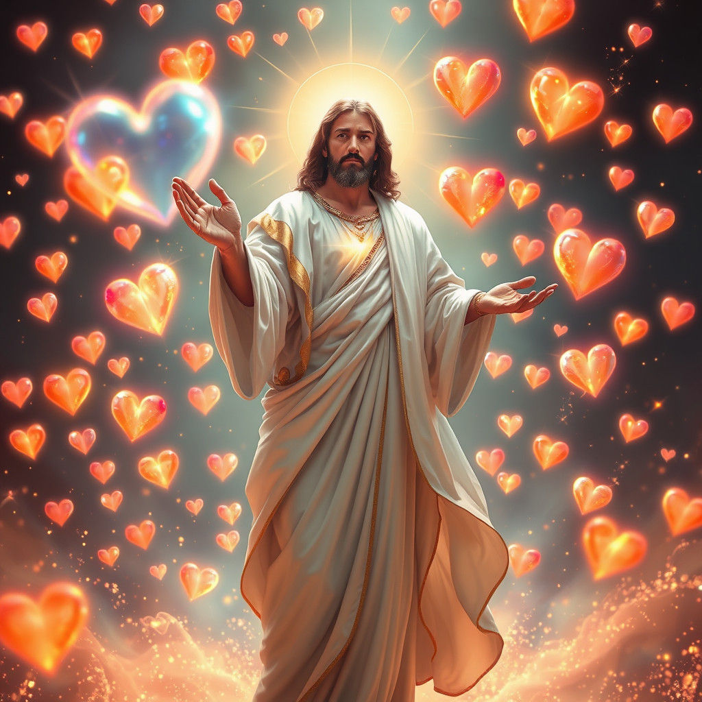 Divine Figure Surrounded by Hearts: Digital Art