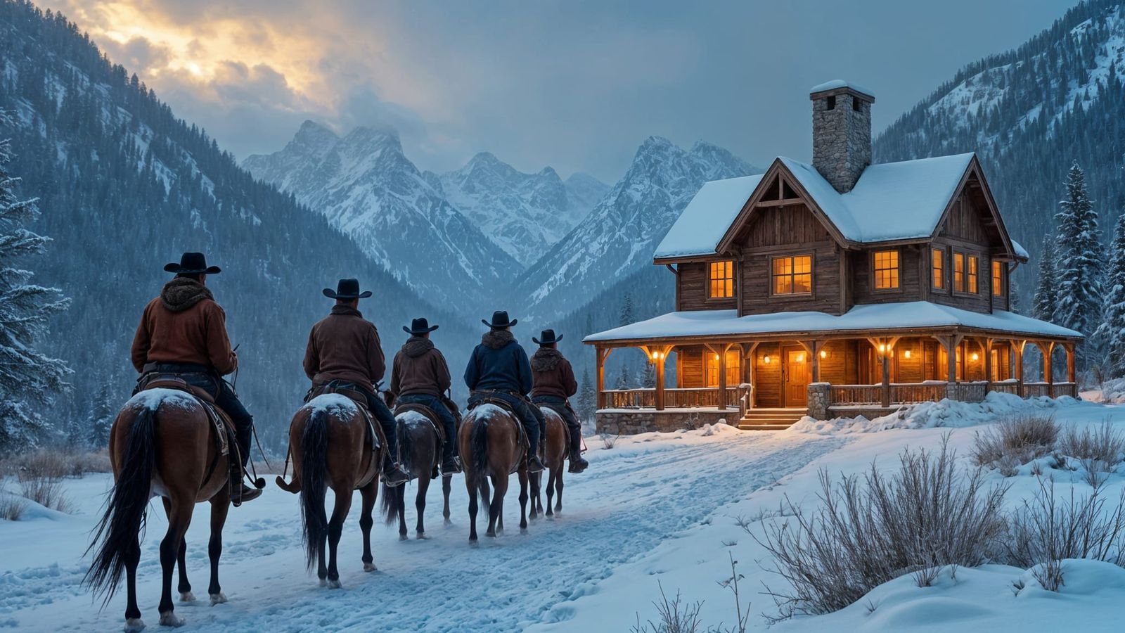 Cowboys Ride to Fantasy Home in Snowy Dusk