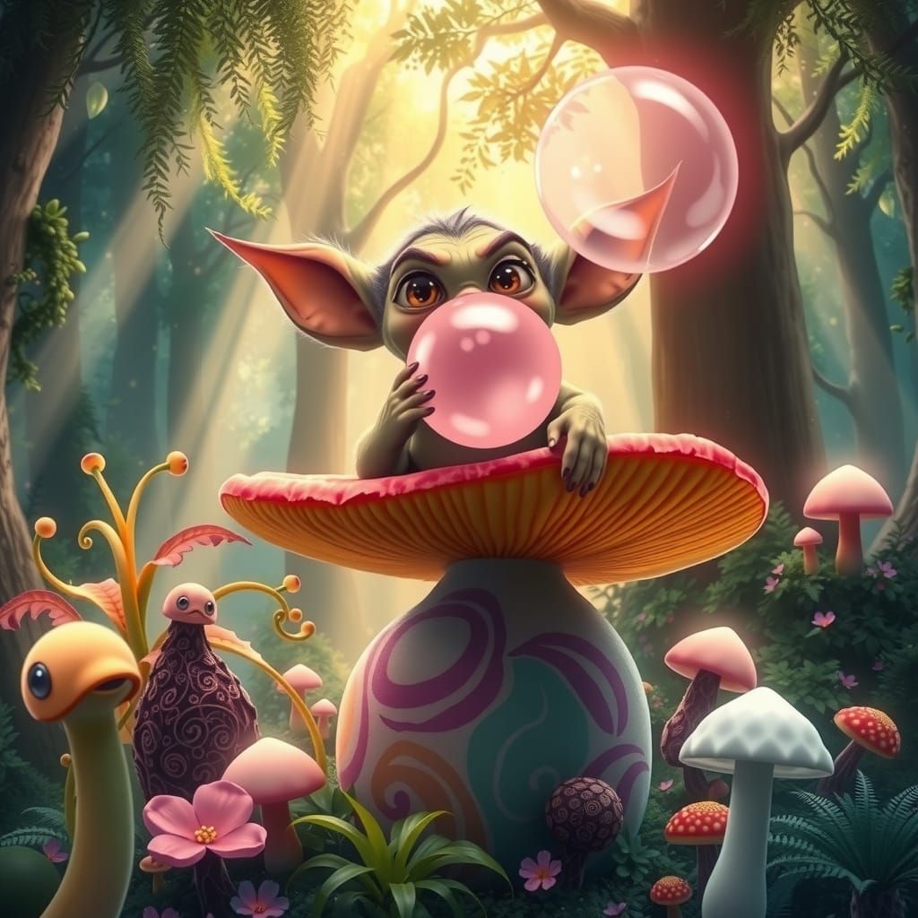 Whimsical Gremlin in Vibrant Mushroom Realm