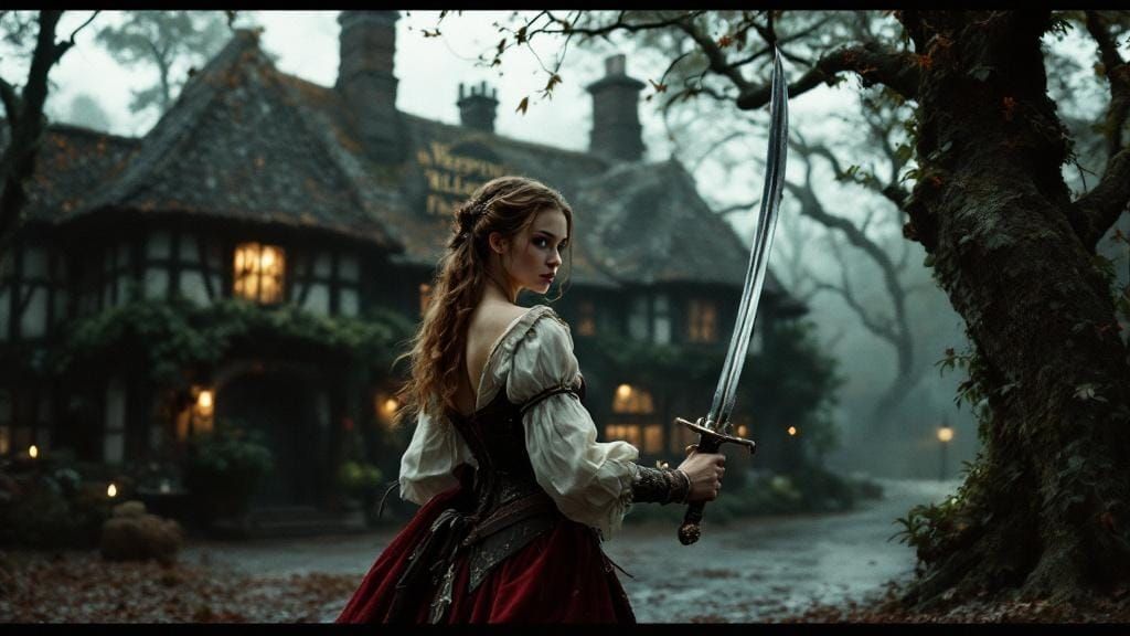 Medieval Woman with Rapier Outside Weeping Willow