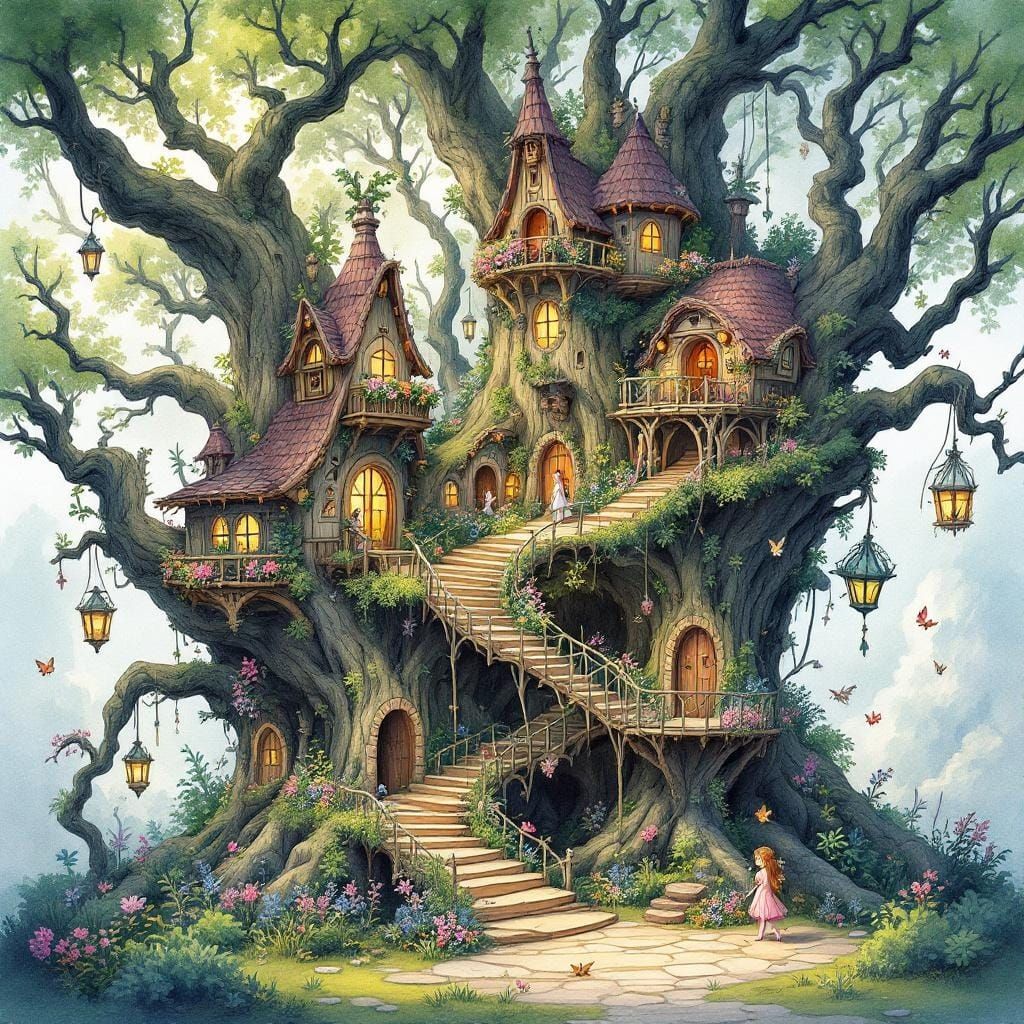 Enchanted Treehouse Village in Pastel Watercolor Style
