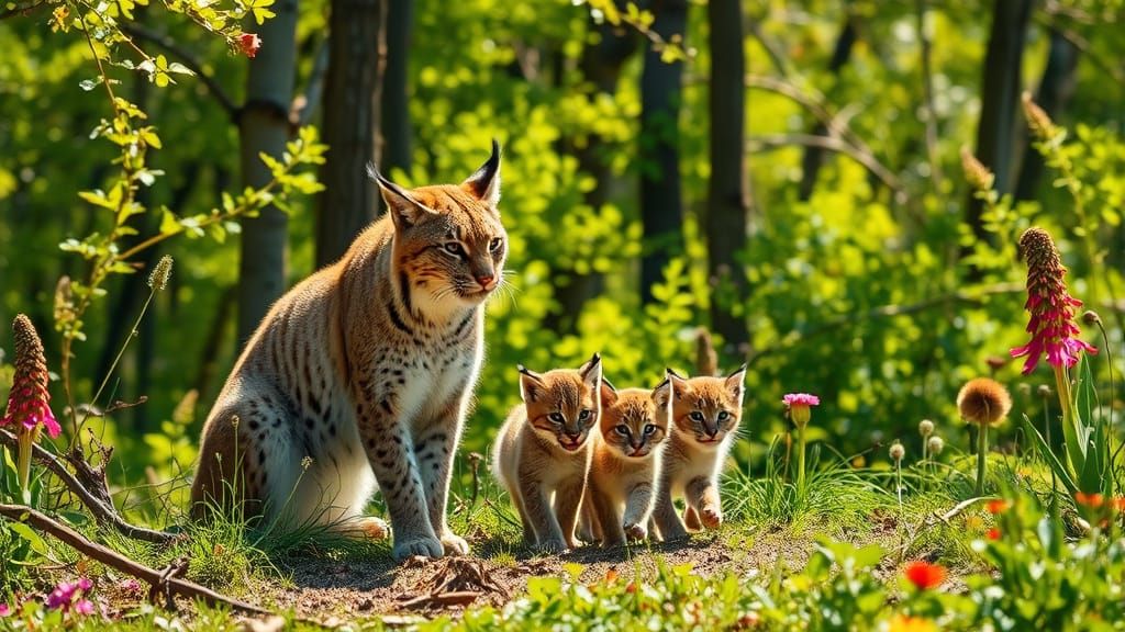 Lynx Mother and Cubs in Summer Wildlife Portrait