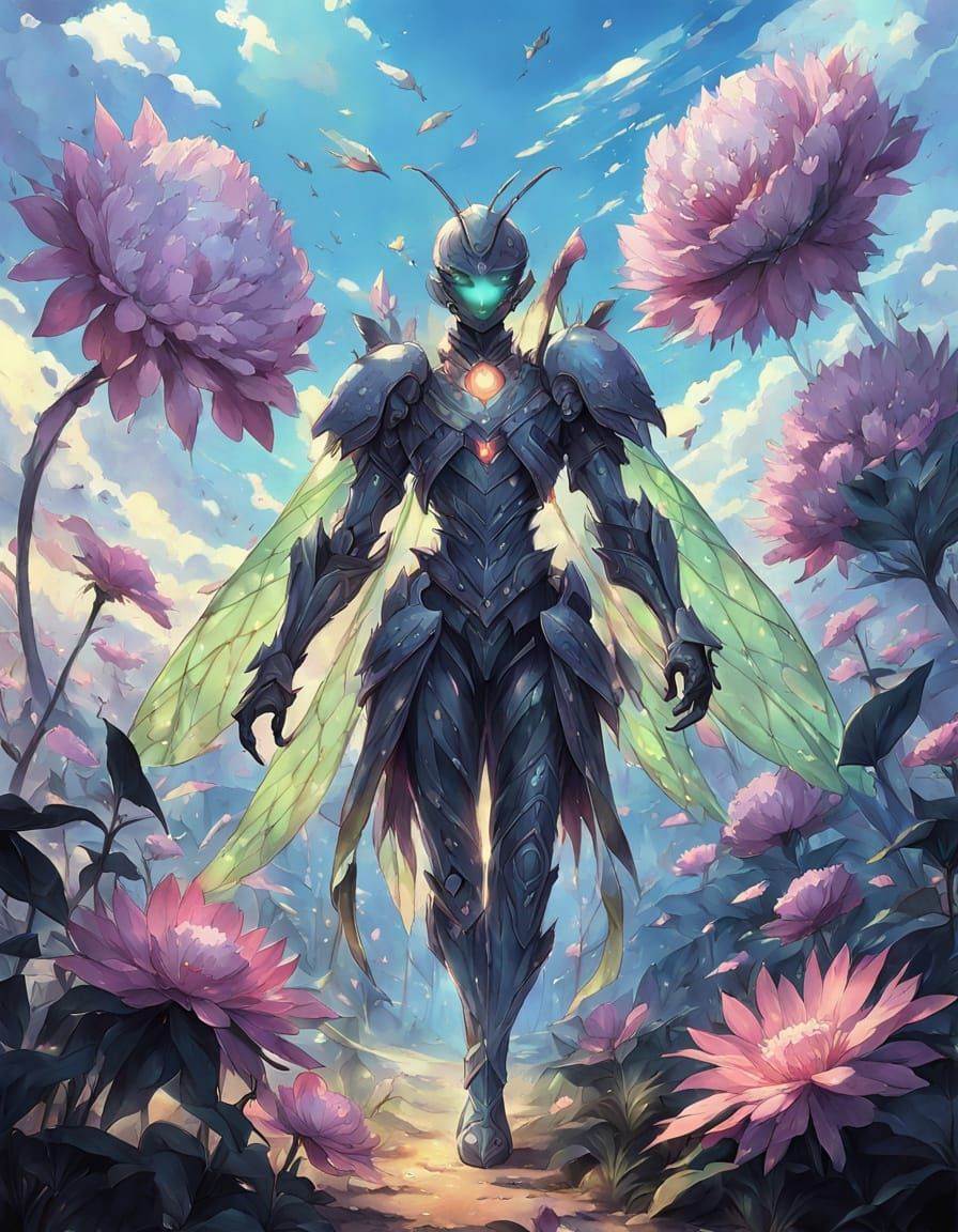 Insectoid Warrior in Dreamy Anime Landscape