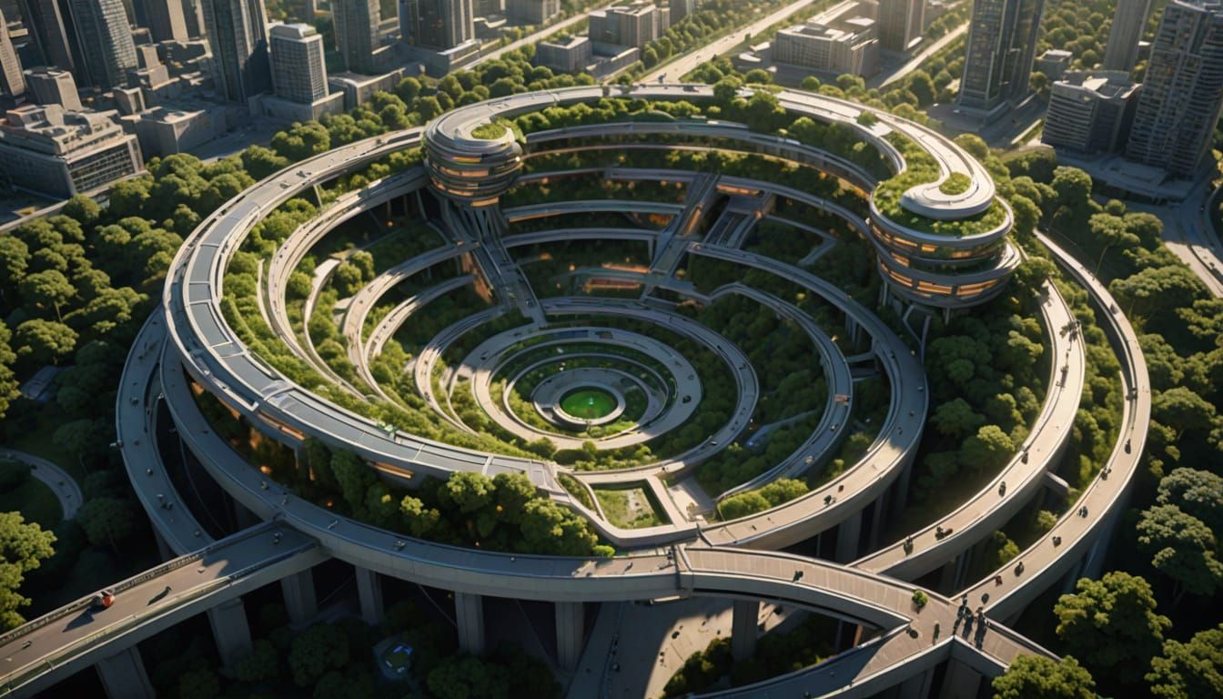 Futuristic Cityscape: Spiraling Sun-Wheels and Lush Greenery