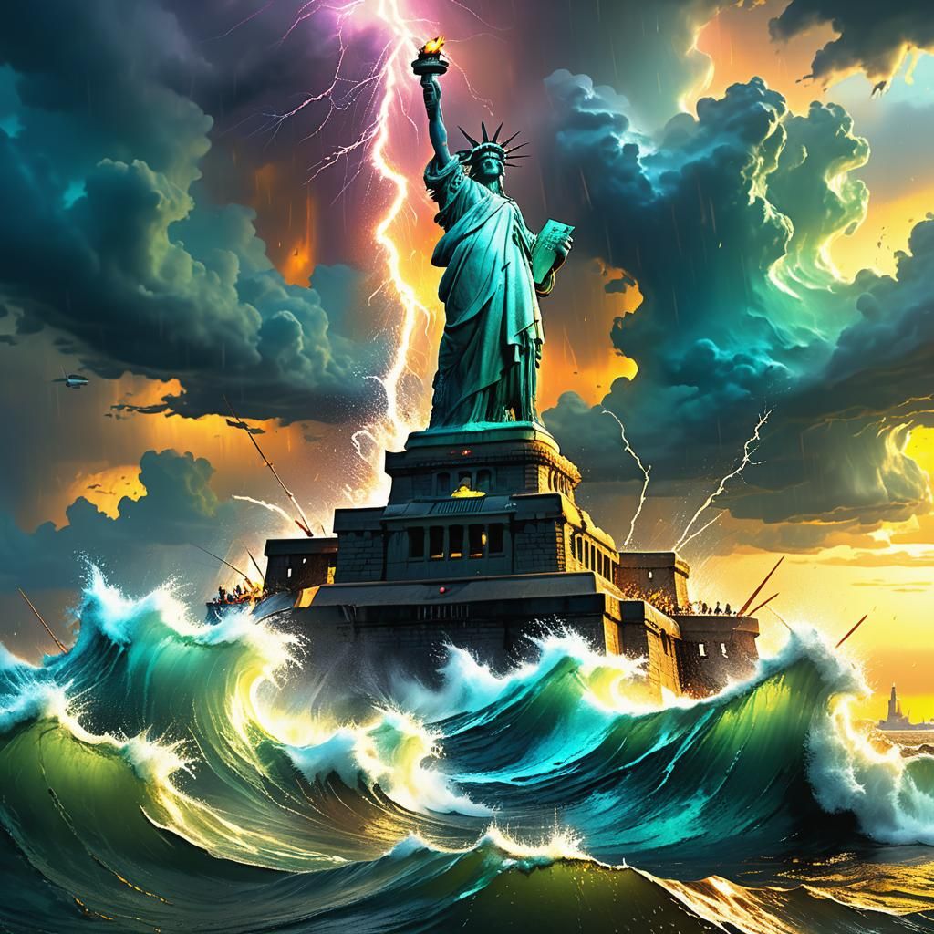 Statue of Liberty sinks into the sea,storm ,rain,lightning, ...