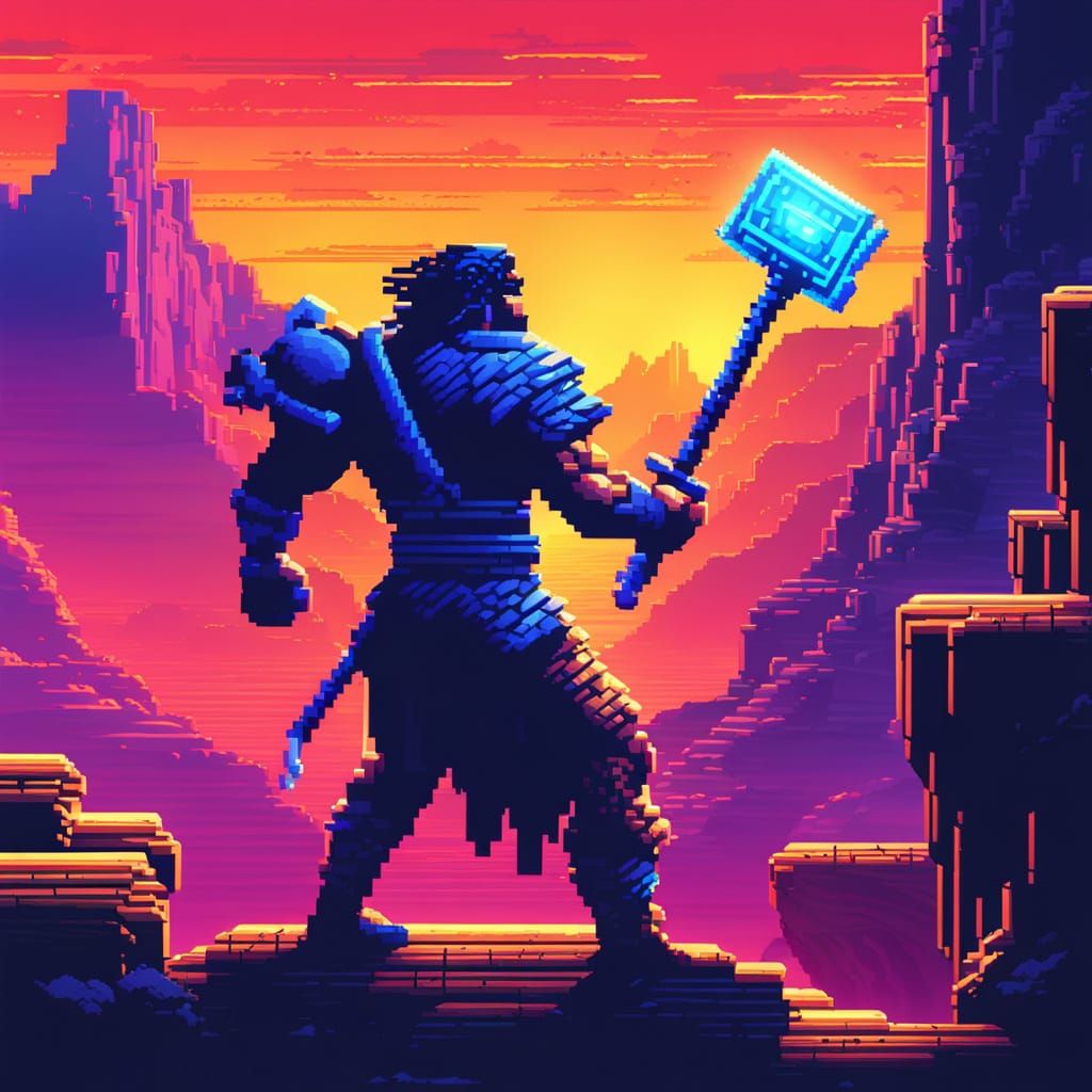 Pixel Art Warrior in Epic Canyon