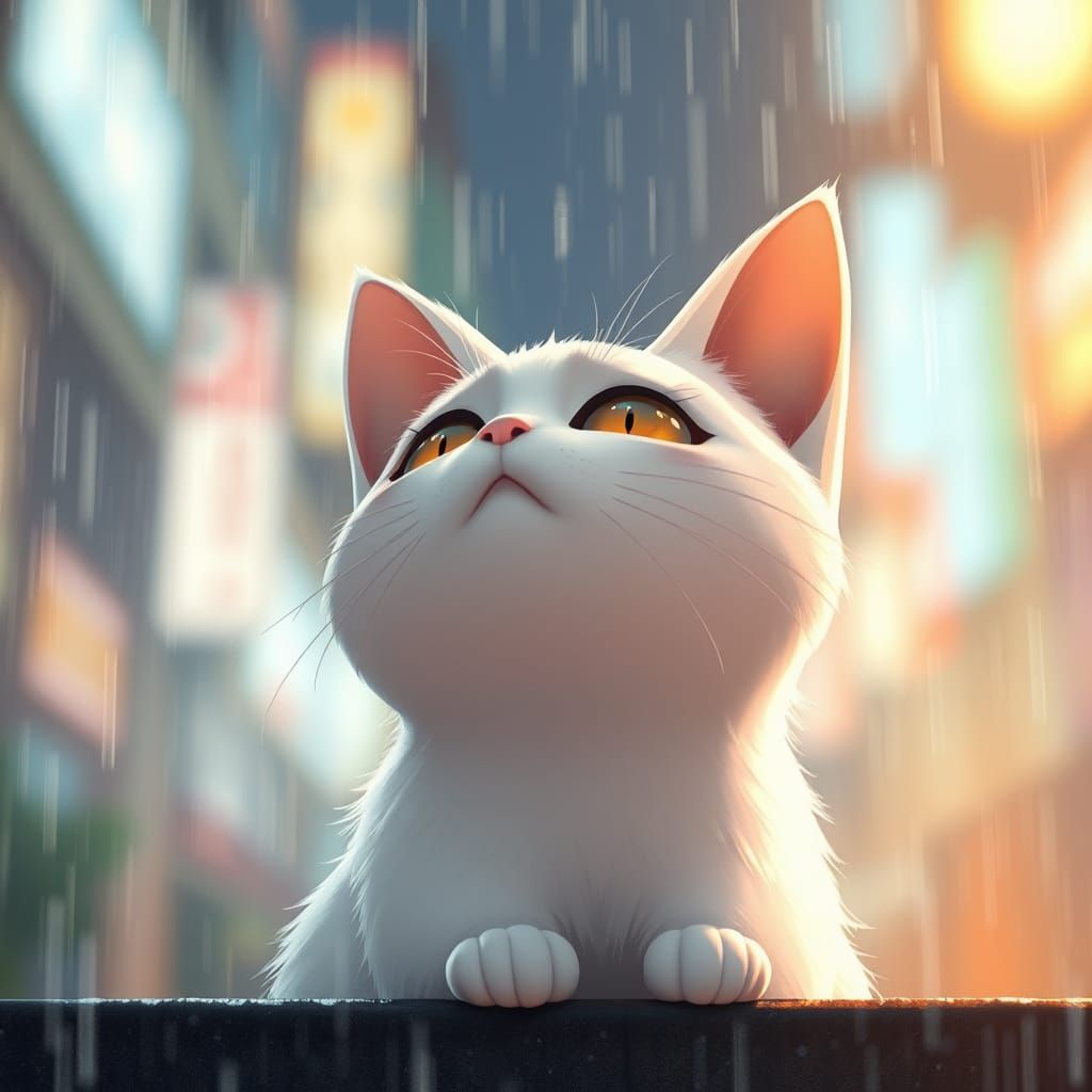 Sad White Anime Cat in Rain, Ghibli Style