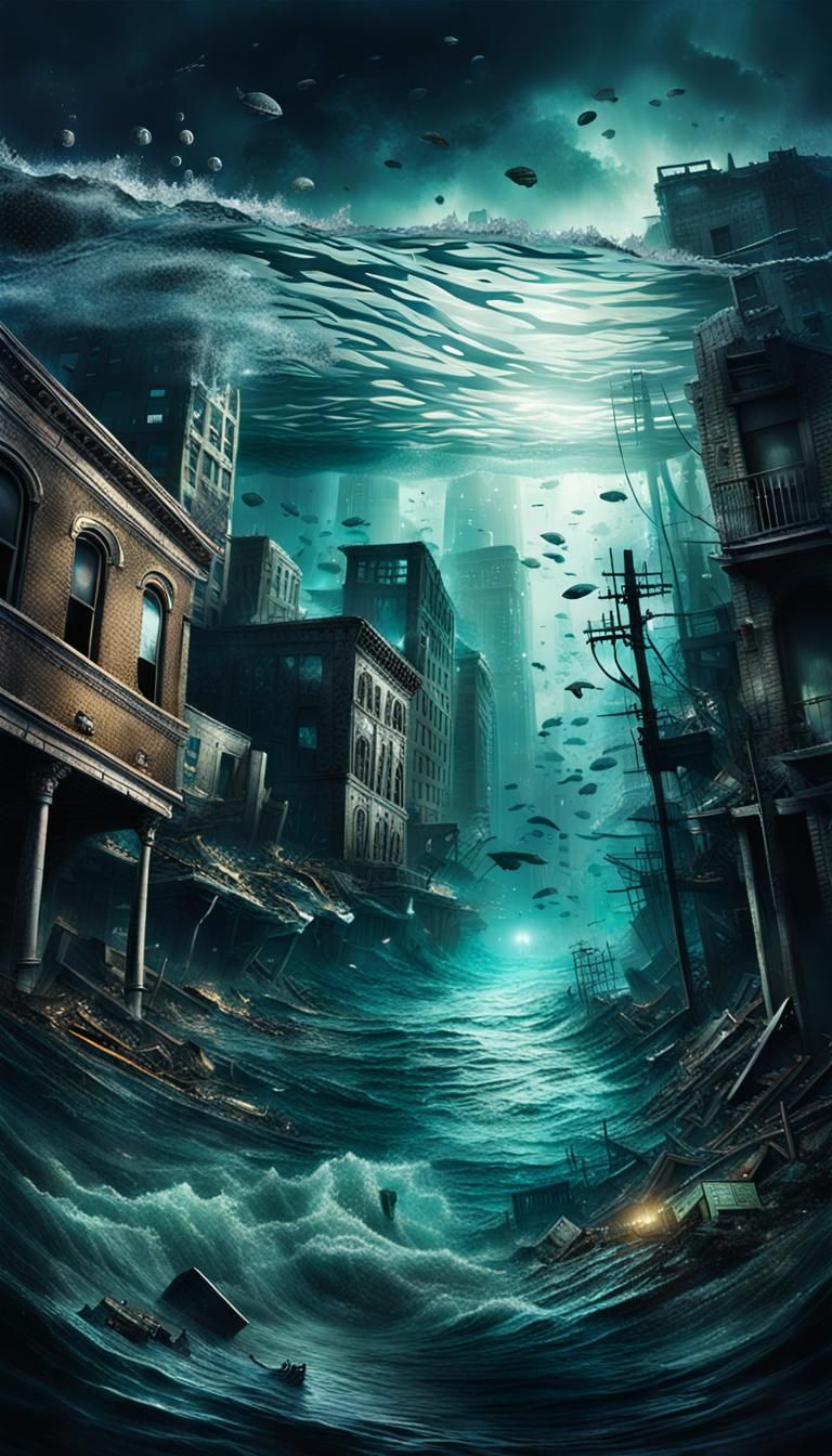 Submerged Cityscape: Post-Apocalyptic Mixed Media Collage