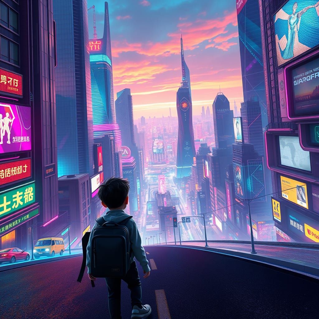 Young Boy Walks to School in Futuristic High-Tech Cityscape