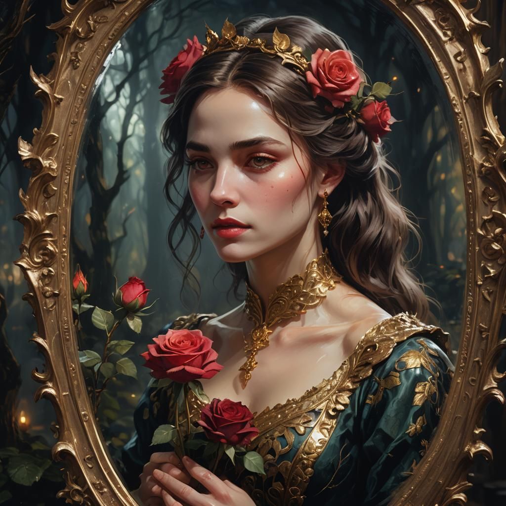 Lady with Rose Reflection in Ornate Oil Painting