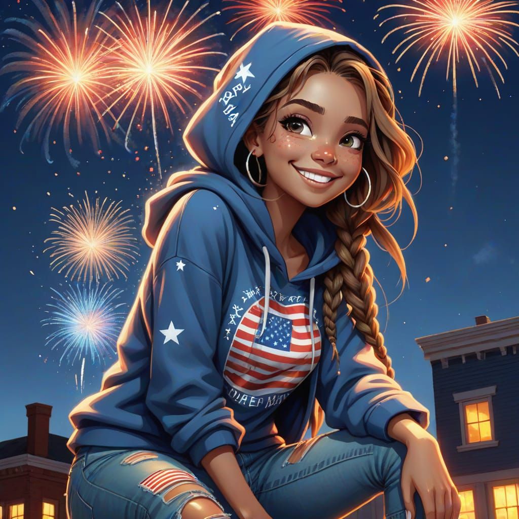 Woman Watching Fireworks on 4th of July, Digital Art